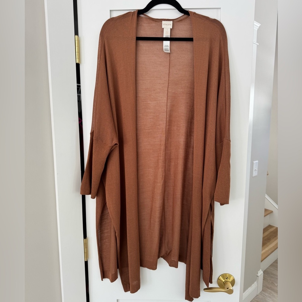 Chico's The Convertible Open Knit Cardigan Warm Camel Brown Shimmer Lagenlook